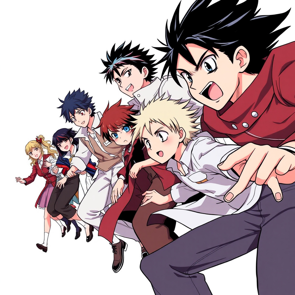 Dynamic manga illustration showing multiple characters